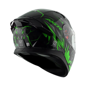 Motodrift Axor Apex Hunter full-face helmet in black with vibrant green angular prism graphics, rear view.