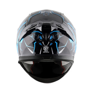 Motodrift Axor Apex Hunter full-face motorcycle helmet in black with blue angular prism graphics, rear view