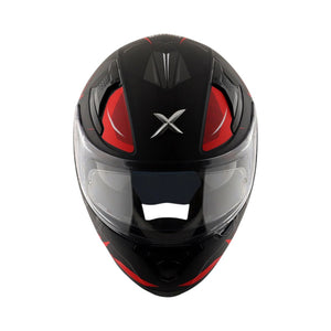 Motodrift Axor Apex Hunter full-face motorcycle helmet in black and red with a clear visor and angular graphic design.