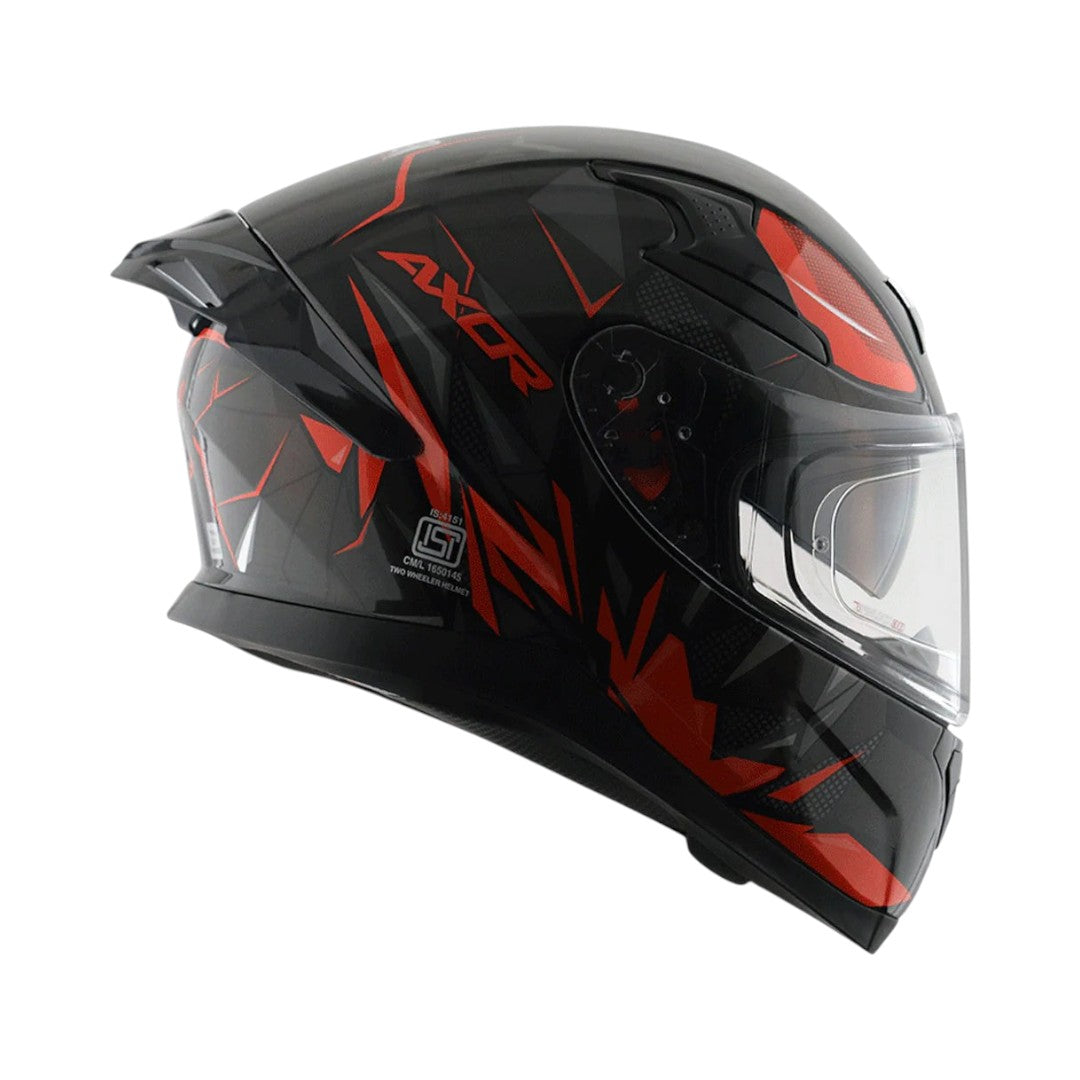 Motodrift Axor Apex Hunter full-face motorcycle helmet in black and red with angular prism graphic and clear visor