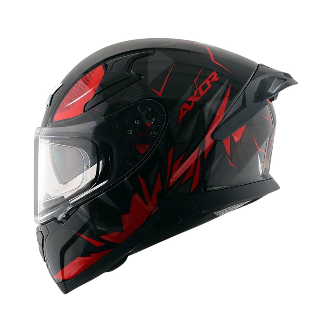 Motodrift Axor Apex Hunter full-face motorcycle helmet in black and red with angular prism graphics and clear visor.