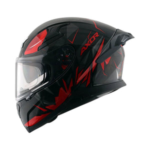 Motodrift Axor Apex Hunter full-face motorcycle helmet in black and red with angular prism graphics and clear visor.