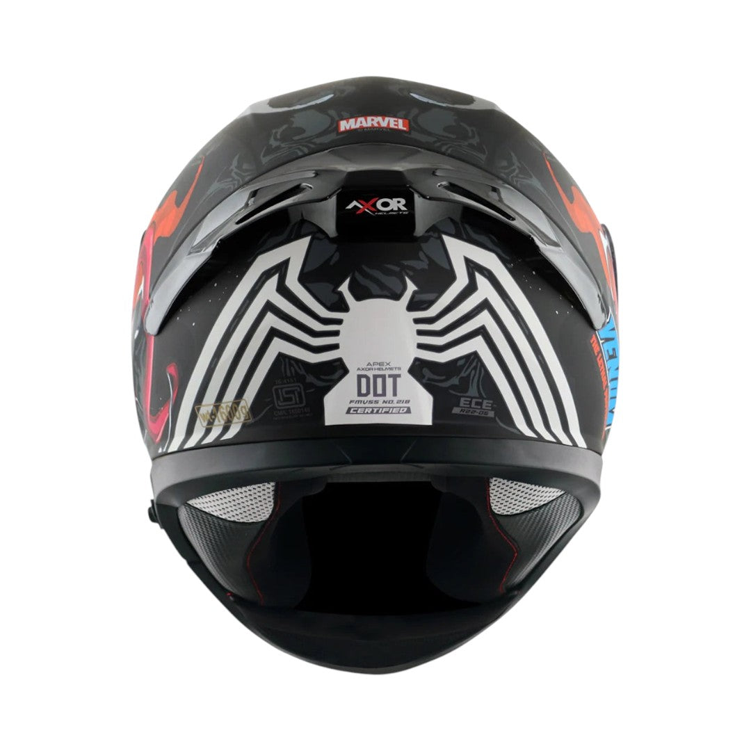 Motodrift Axor Apex Marvel Venom helmet rear view featuring a white spider emblem and aerodynamic spoiler