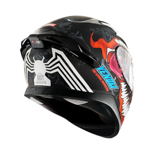 Motodrift Axor Apex Marvel Venom full face motorcycle helmet with black finish and iconic white spider graphic