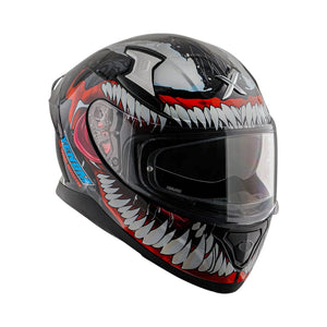 Motodrift Axor Apex Marvel Venom full face motorcycle helmet with black and red graphic design and clear visor.