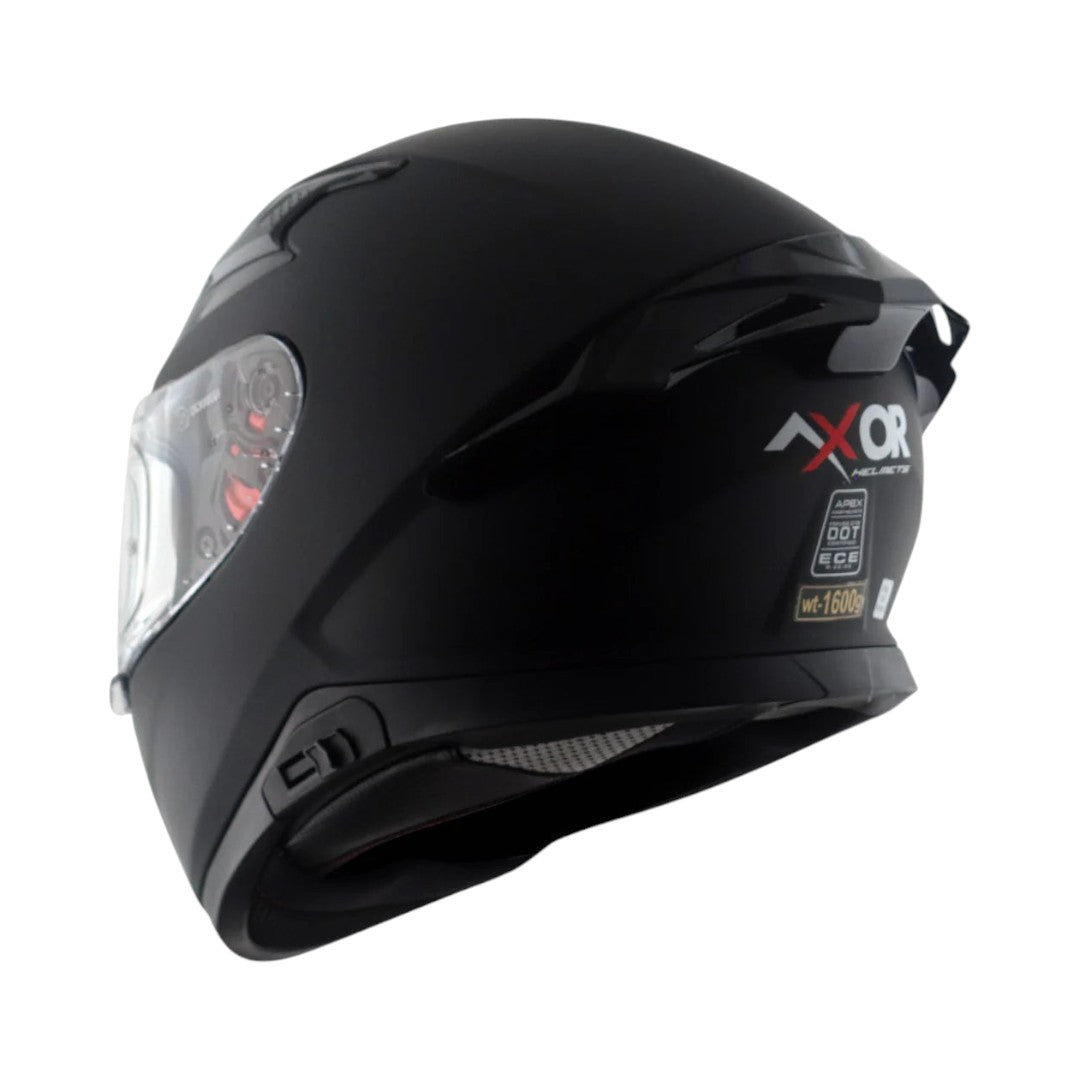 Motodrift Axor Apex solid matte black full-face motorcycle helmet with rear spoiler and safety certification labels