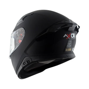 Motodrift Axor Apex solid matte black full-face motorcycle helmet with rear spoiler and safety certification labels