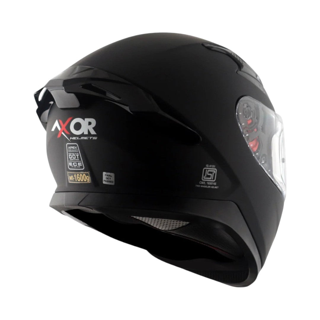 Motodrift Axor Apex solid matte black full-face motorcycle helmet with rear spoiler and clear visor