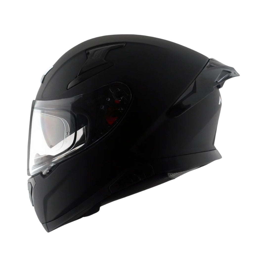 Motodrift Axor Apex solid matte black full-face motorcycle helmet with clear visor and aerodynamic rear spoiler