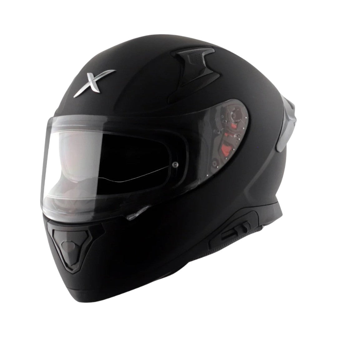Motodrift Axor Apex solid matte black full-face motorcycle helmet with clear visor and aerodynamic design