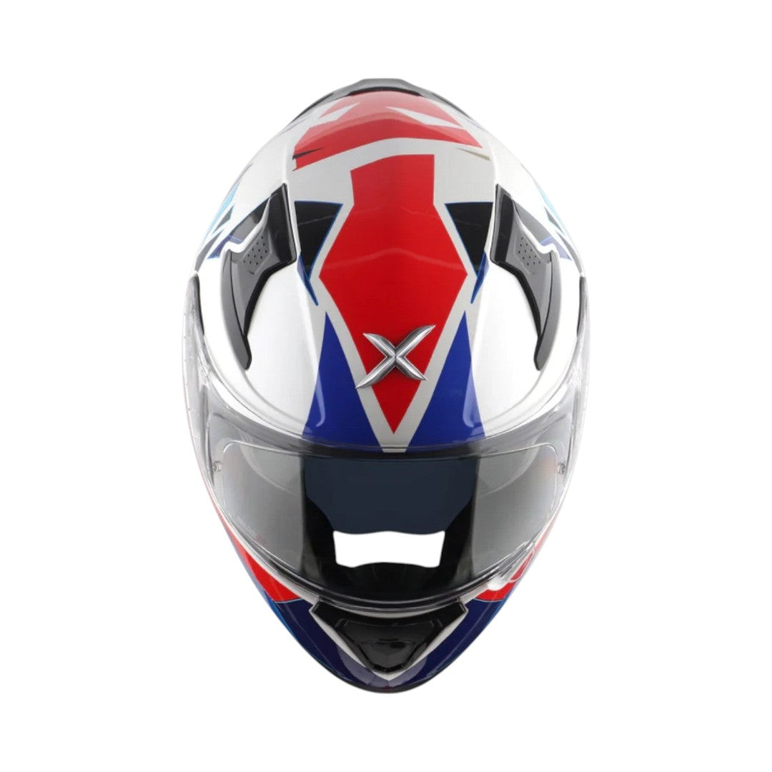 Motodrift Axor Apex Prism full-face motorcycle helmet in white, red, and blue with angular graphic design