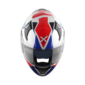 Motodrift Axor Apex Prism full-face motorcycle helmet in white, red, and blue with angular graphic design