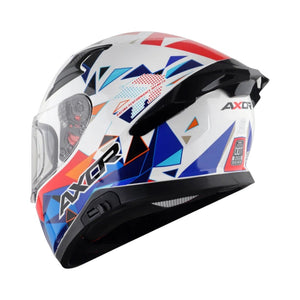 Motodrift Axor Apex Prism full-face motorcycle helmet in white with blue, red, and geometric graphic patterns