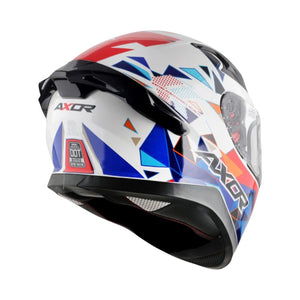 Motodrift Axor Apex Prism full-face motorcycle helmet with white, blue, and red geometric graphic design