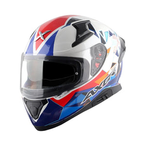 Motodrift Axor Apex Prism full-face motorcycle helmet with white, red, and blue geometric graphic design