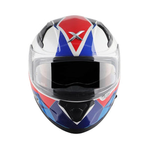 Motodrift Axor Apex Prism full-face motorcycle helmet in white, red, and blue with a clear visor and angular graphics.