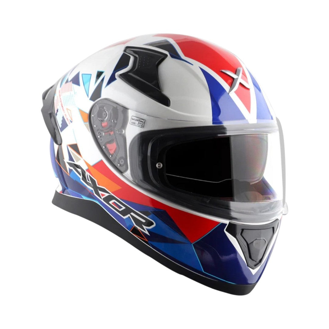 Motodrift Axor Apex Prism full-face motorcycle helmet with white, red, and blue geometric graphic design