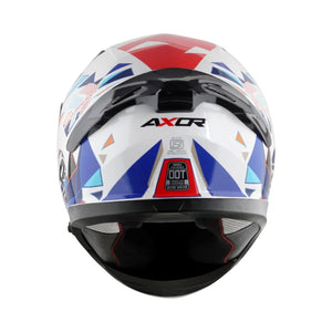 Motodrift Axor Apex Prism full-face motorcycle helmet in white with red and blue geometric graphic design, rear view.