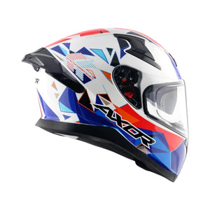Motodrift Axor Apex Prism full-face motorcycle helmet with white, red, and blue geometric graphic design