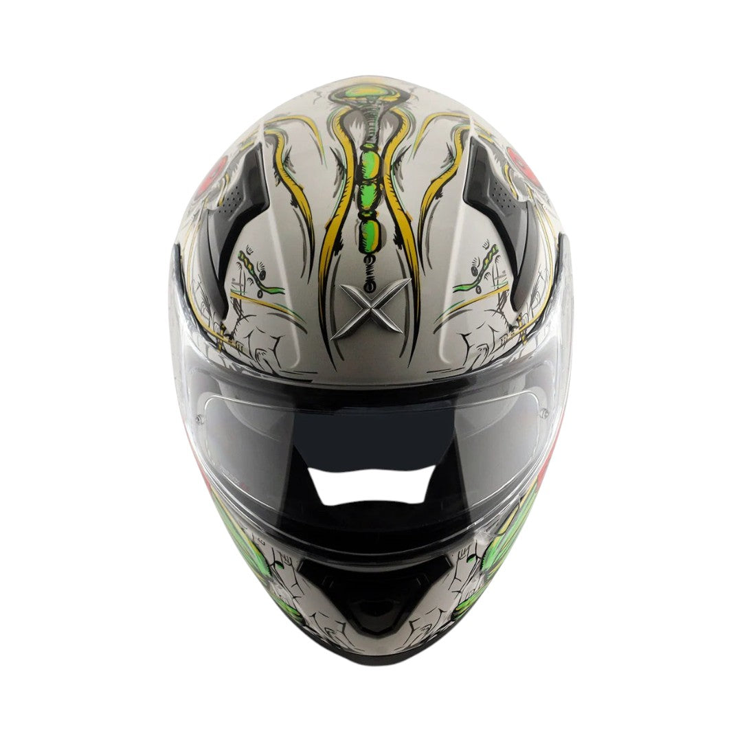 Motodrift Axor Apex Seadevil sport touring helmet with white shell and green and yellow graphic design, front view.