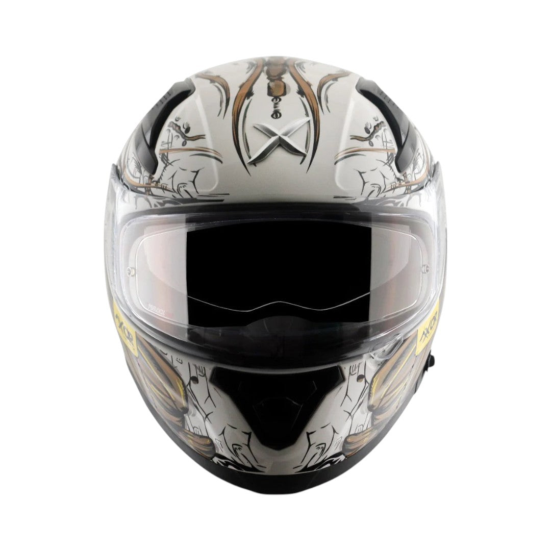 Motodrift Axor Apex Seadevil full-face sport touring helmet with white and gold graphic design, front view.