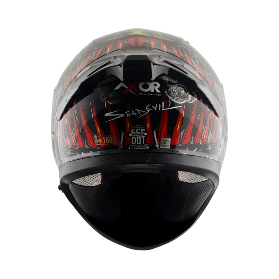 Motodrift Axor Apex Seadevil motorcycle helmet in black with red graphic details, rear view showing integrated spoiler