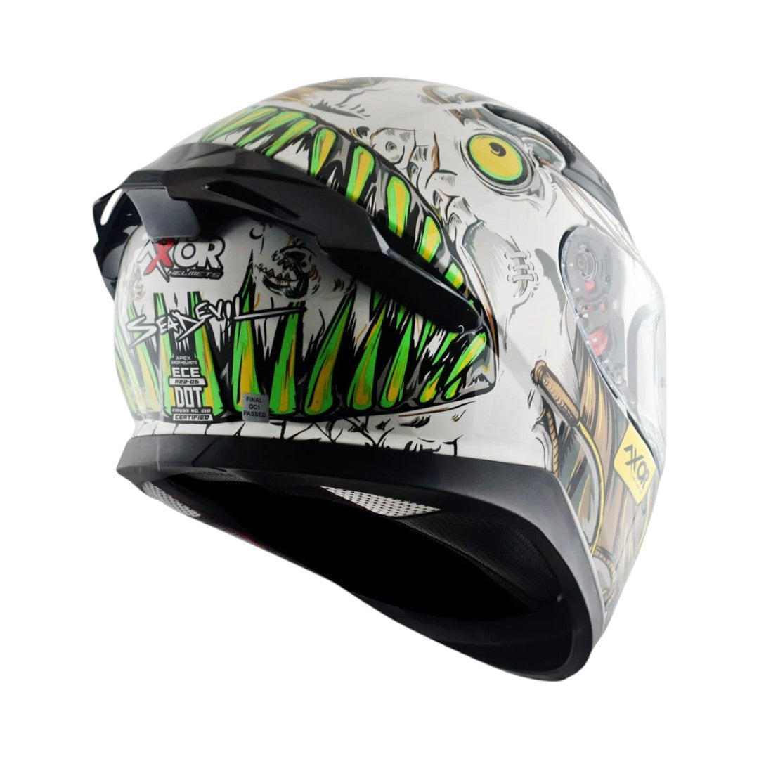 Motodrift Axor Apex Seadevil full-face helmet with white base and aggressive green monster teeth graphic and spoiler