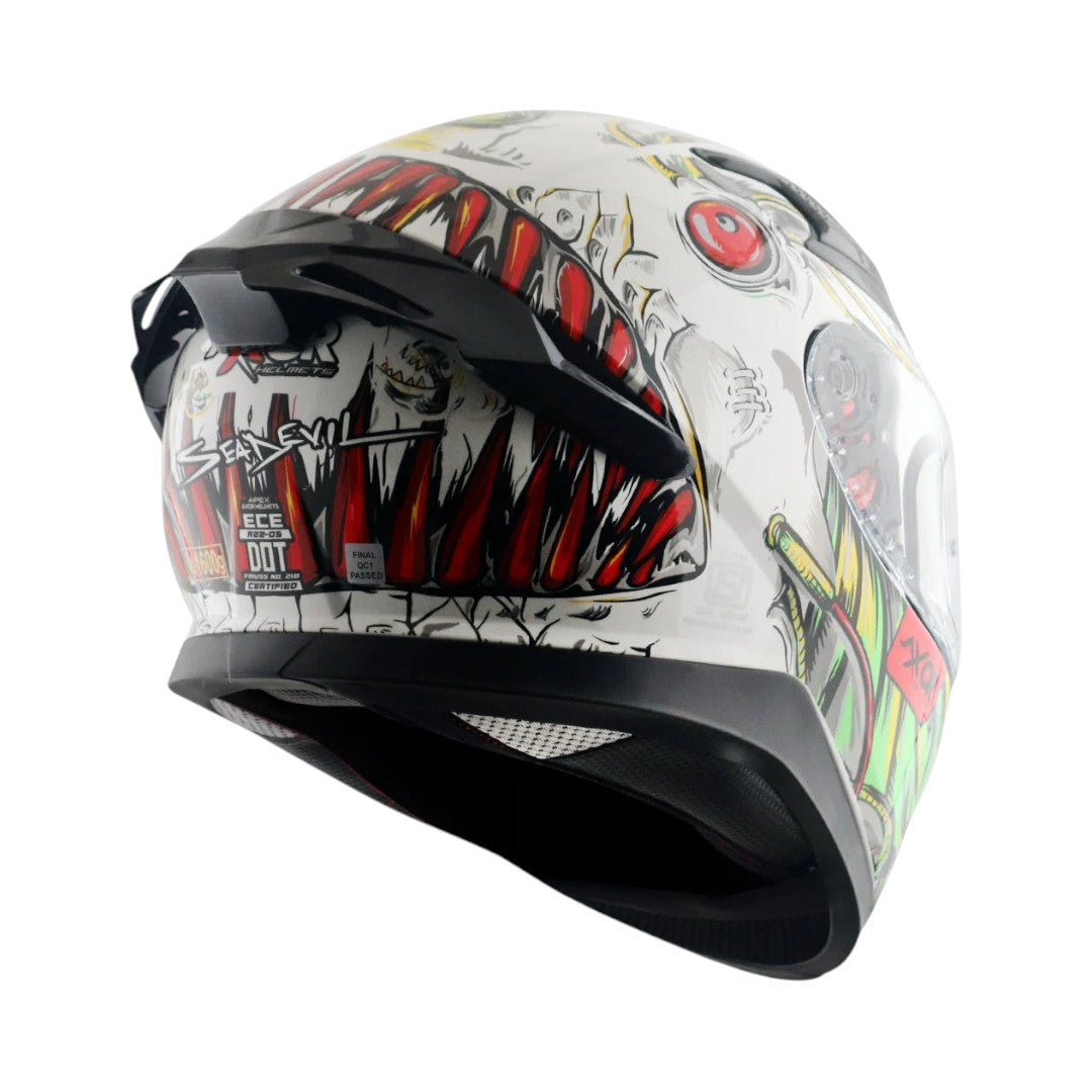 Motodrift Axor Apex Seadevil full face motorcycle helmet with white graphic monster design and integrated spoiler
