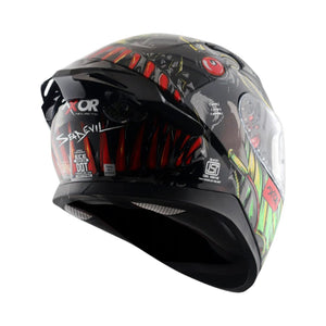 Motodrift Axor Apex Seadevil full-face motorcycle helmet with black base and aggressive red and green monster graphics