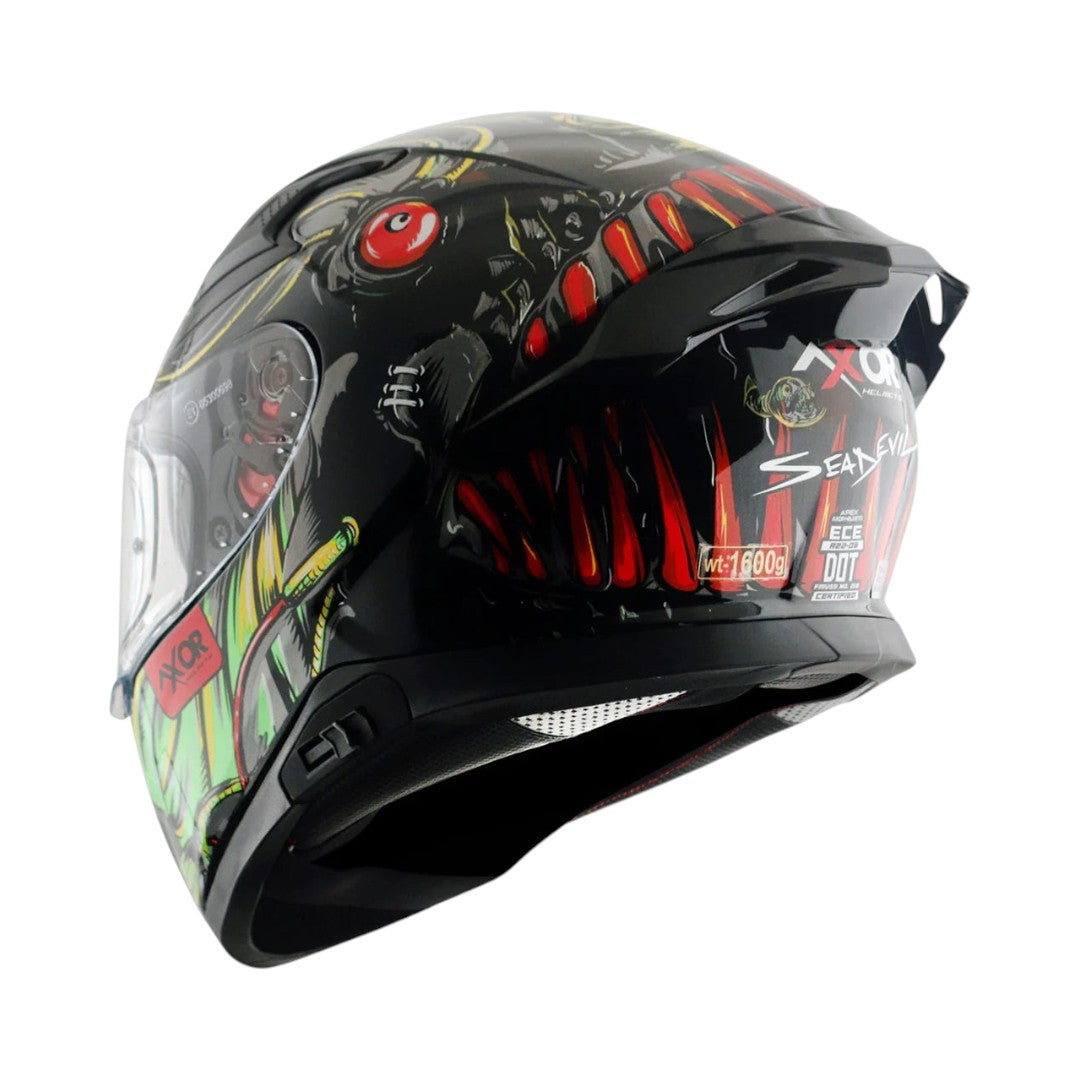 Motodrift Axor Apex Seadevil full face motorcycle helmet with black graphic design and integrated rear spoiler