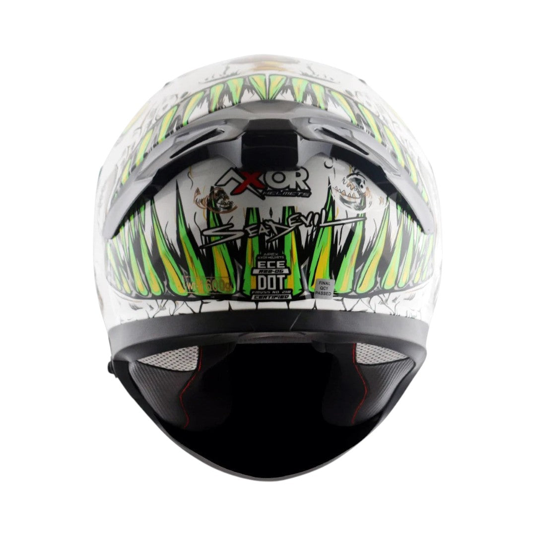 Motodrift Axor Apex Seadevil motorcycle helmet rear view with green and white graphic design and integrated spoiler