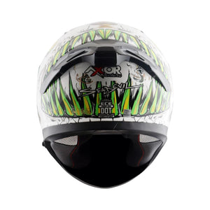 Motodrift Axor Apex Seadevil motorcycle helmet rear view with green and white graphic design and integrated spoiler