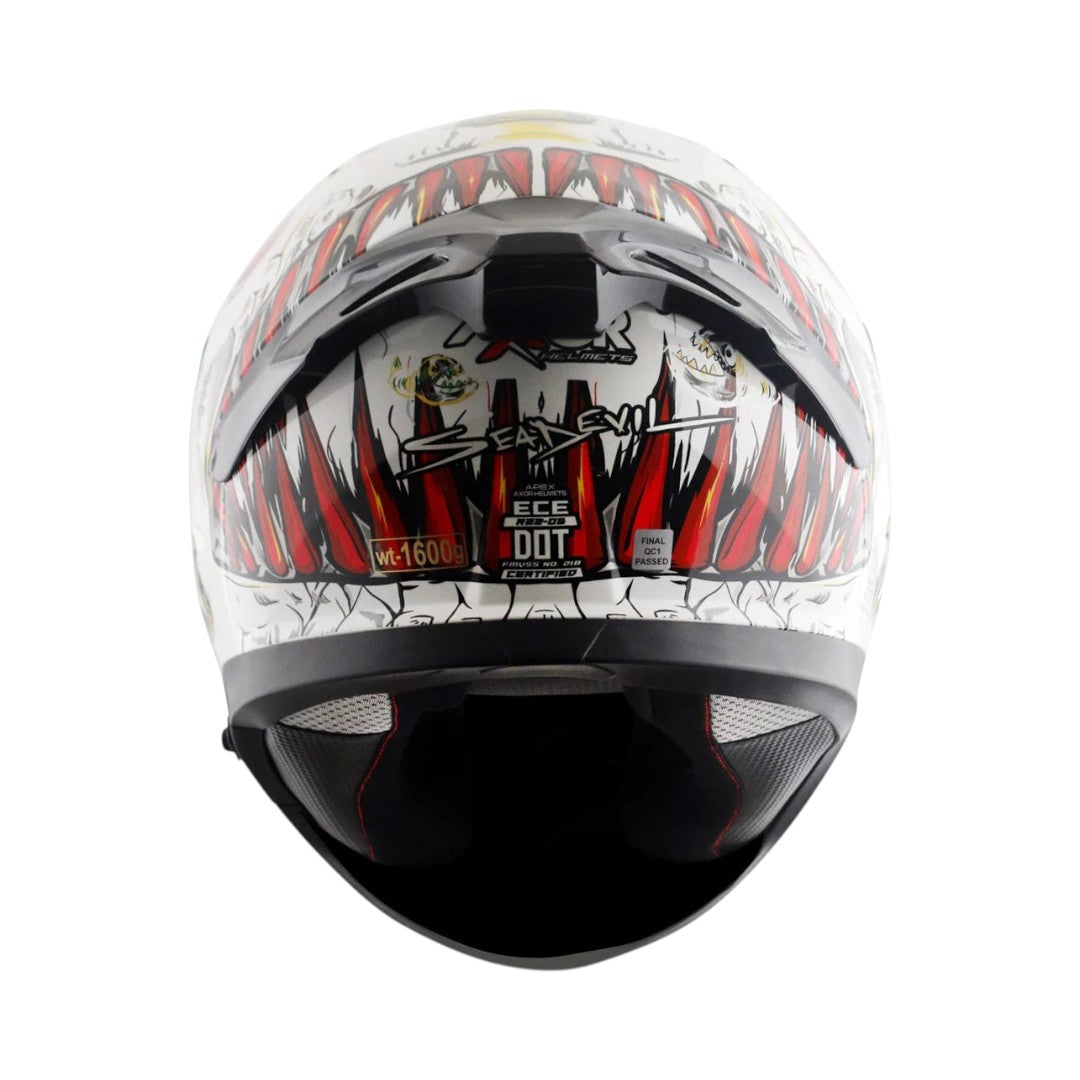 Motodrift Axor Apex Seadevil sport touring helmet rear view with white and red graphic design and integrated spoiler