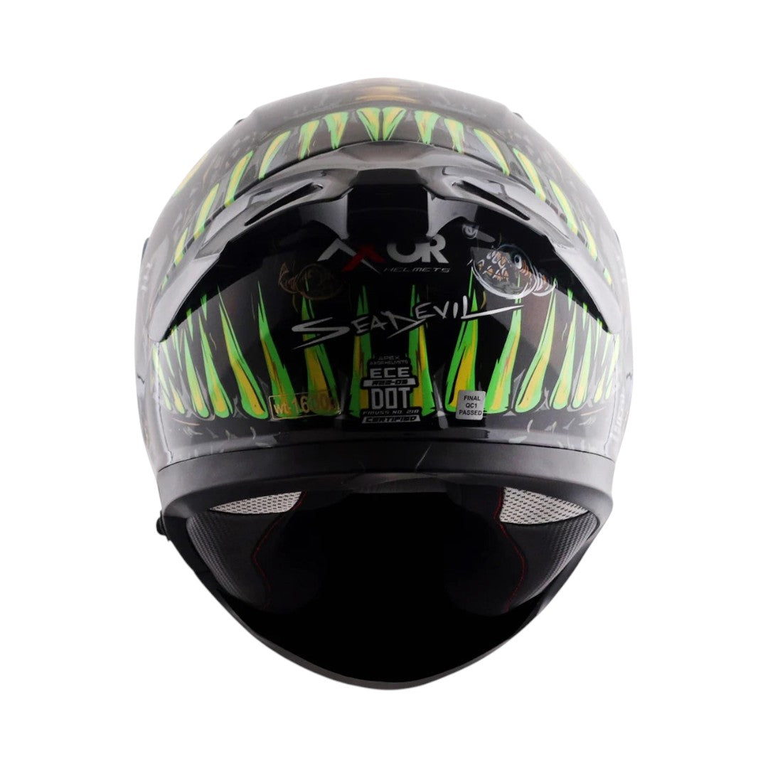 Motodrift Axor Apex Seadevil full face motorcycle helmet with green and black graphic design, rear view with spoiler.