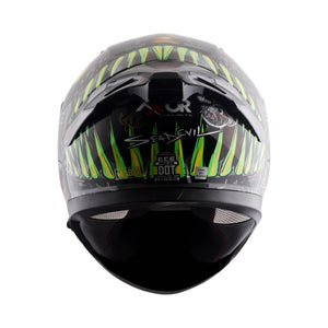 Motodrift Axor Apex Seadevil full face motorcycle helmet with green and black graphic design, rear view with spoiler.