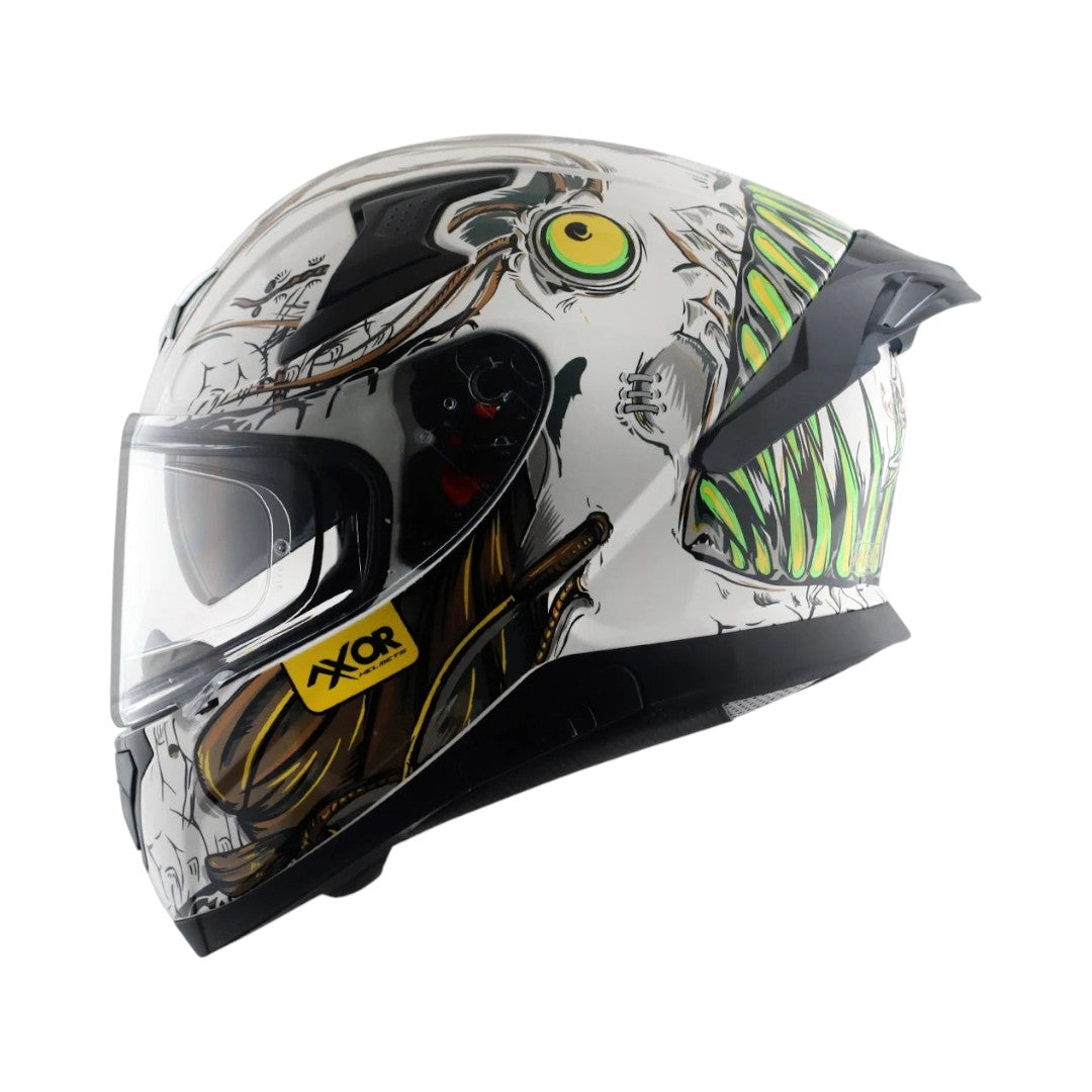 Motodrift Axor Apex Seadevil sport touring helmet with white base and detailed monster graphic, side profile view.