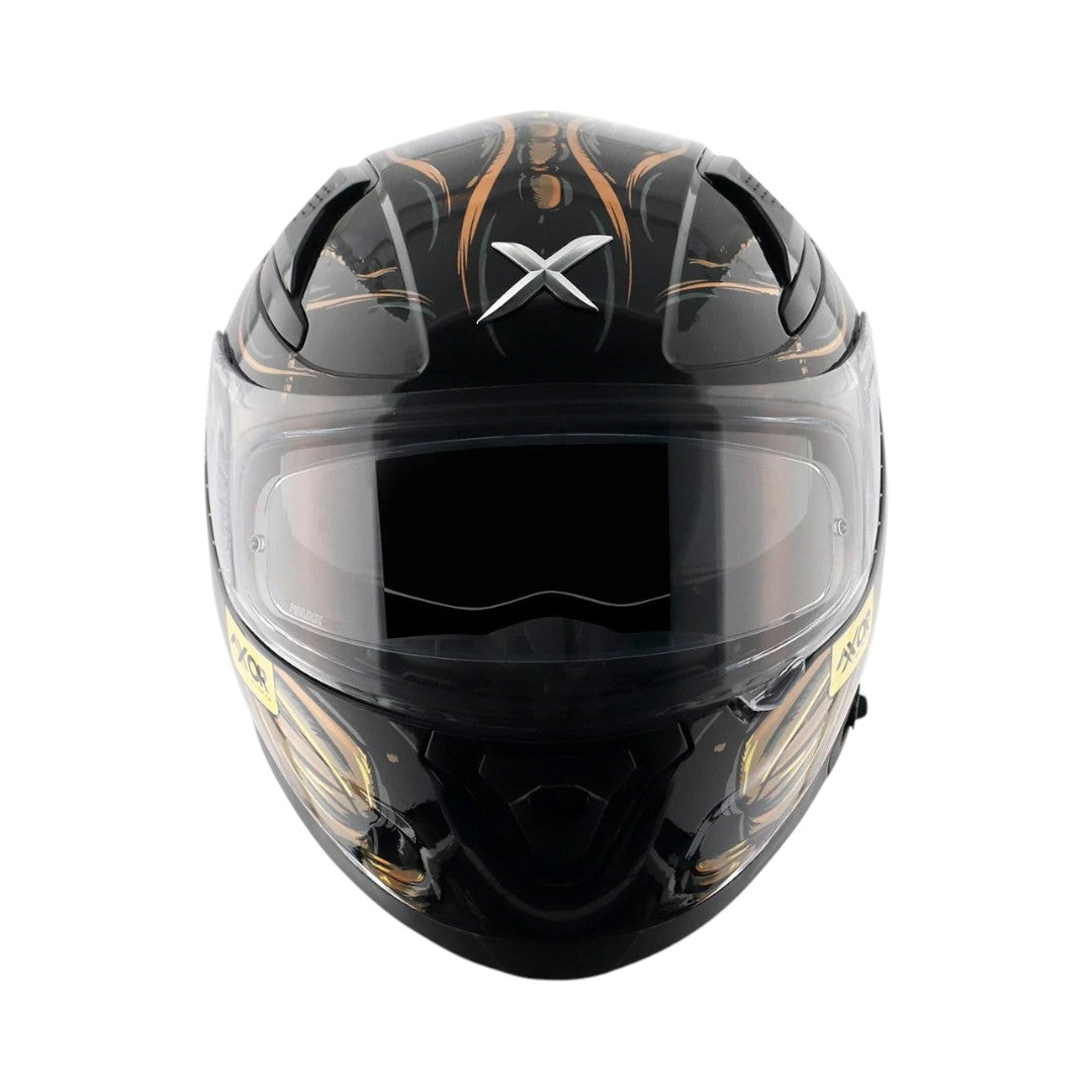 Motodrift Axor Apex Seadevil full-face sport touring helmet in black with gold graphic details and clear visor