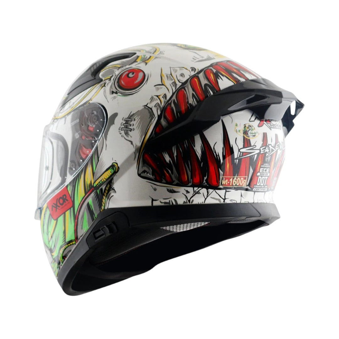 Motodrift Axor Apex Seadevil full face motorcycle helmet with aggressive monster graphic and integrated rear spoiler