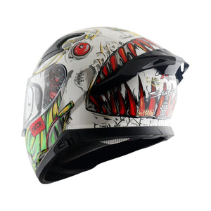 Motodrift Axor Apex Seadevil full face motorcycle helmet with aggressive monster graphic and integrated rear spoiler