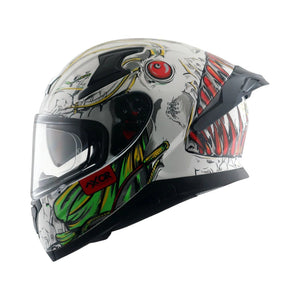 Motodrift Axor Apex Seadevil full-face sport touring helmet with white base and vibrant monster graphic design