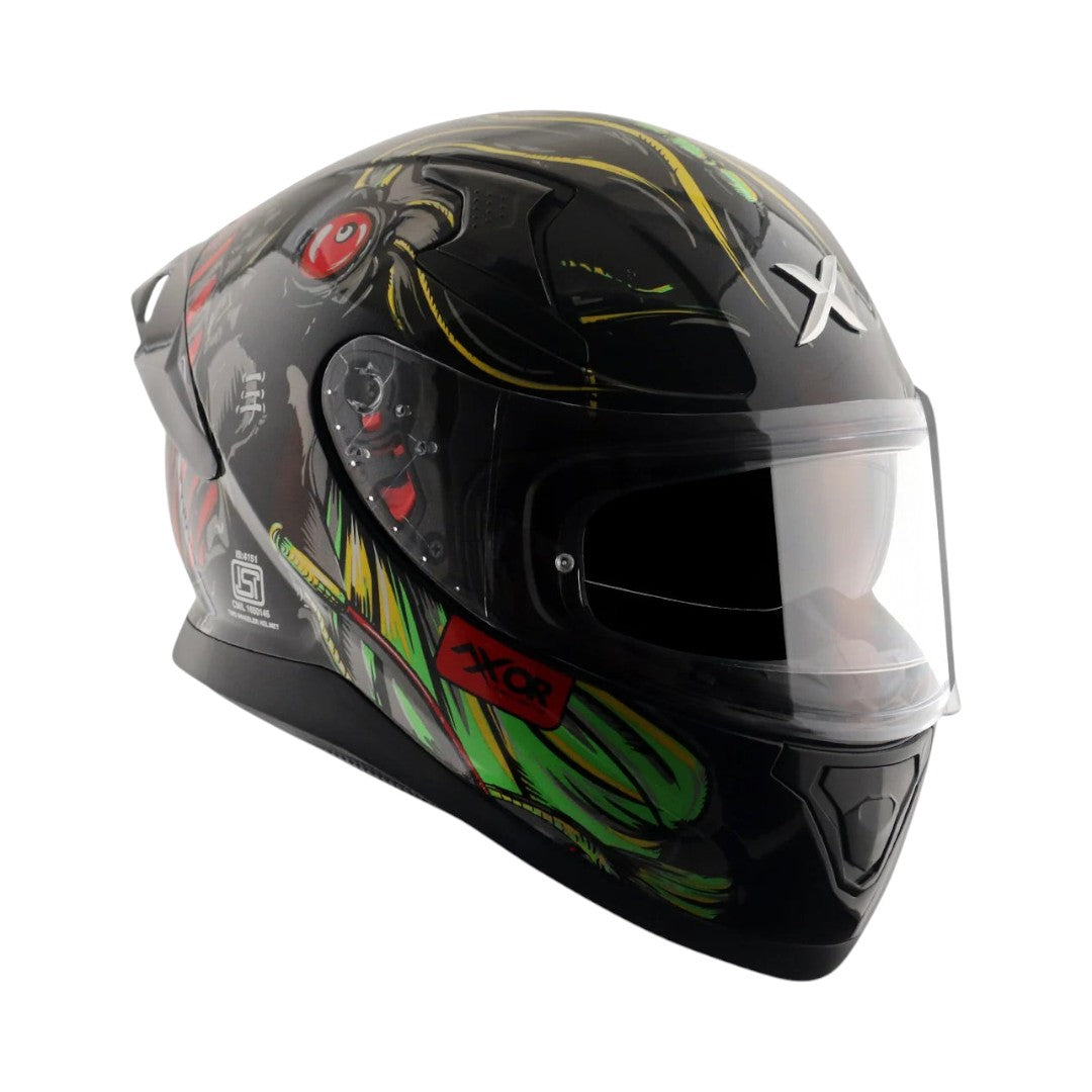 Motodrift Axor Apex Seadevil full-face motorcycle helmet in black with vibrant green and red graphic design