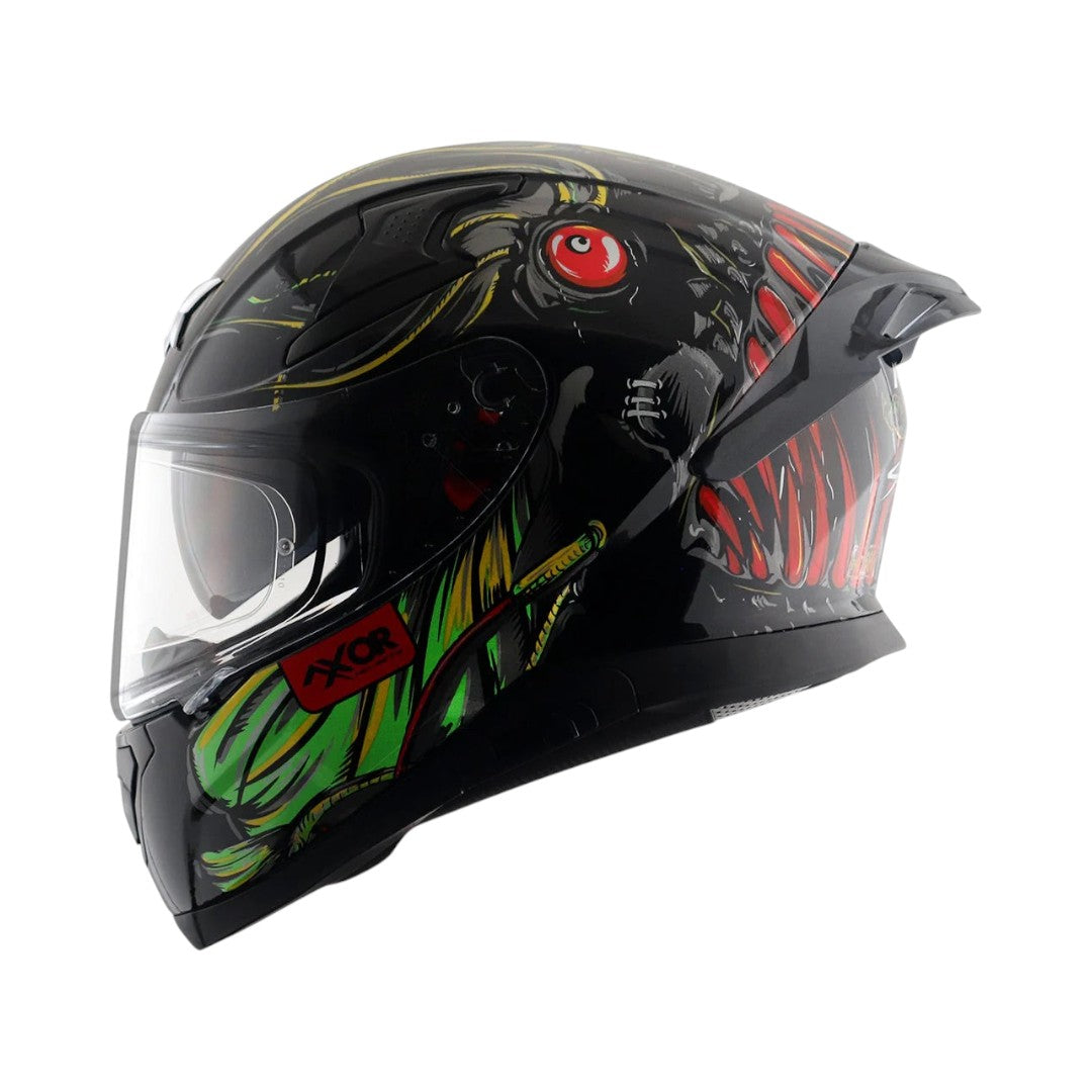 Motodrift Axor Apex Seadevil full face motorcycle helmet with black, red, and green graphic design and rear spoiler