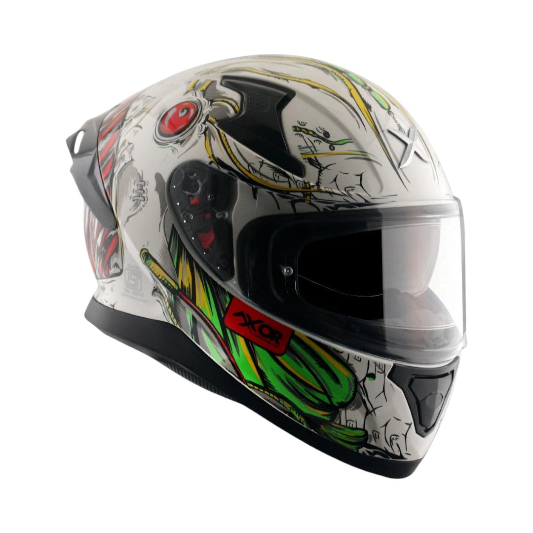 Motodrift Axor Apex Seadevil sport touring helmet with white base and vibrant green and red graphic design