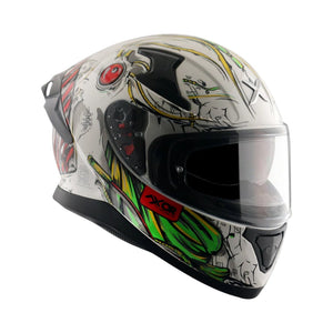 Motodrift Axor Apex Seadevil sport touring helmet with white base and vibrant green and red graphic design