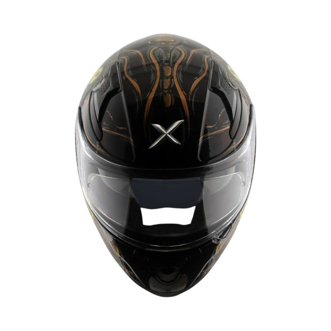 Motodrift Axor Apex Seadevil sport touring helmet in black with gold graphic details and a clear visor