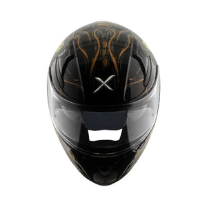 Motodrift Axor Apex Seadevil sport touring helmet in black with gold graphic details and a clear visor