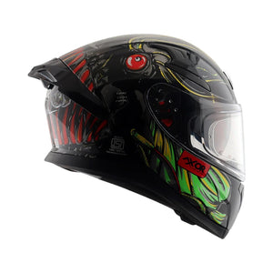 Motodrift Axor Apex Seadevil full face motorcycle helmet with black base and vibrant green and red graphic design