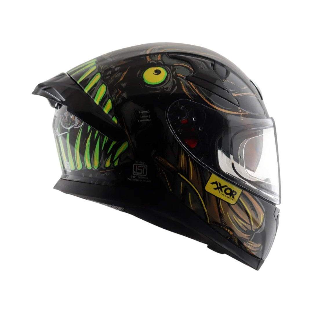 Motodrift Axor Apex Seadevil full-face motorcycle helmet with black shell and vibrant green and yellow graphic design