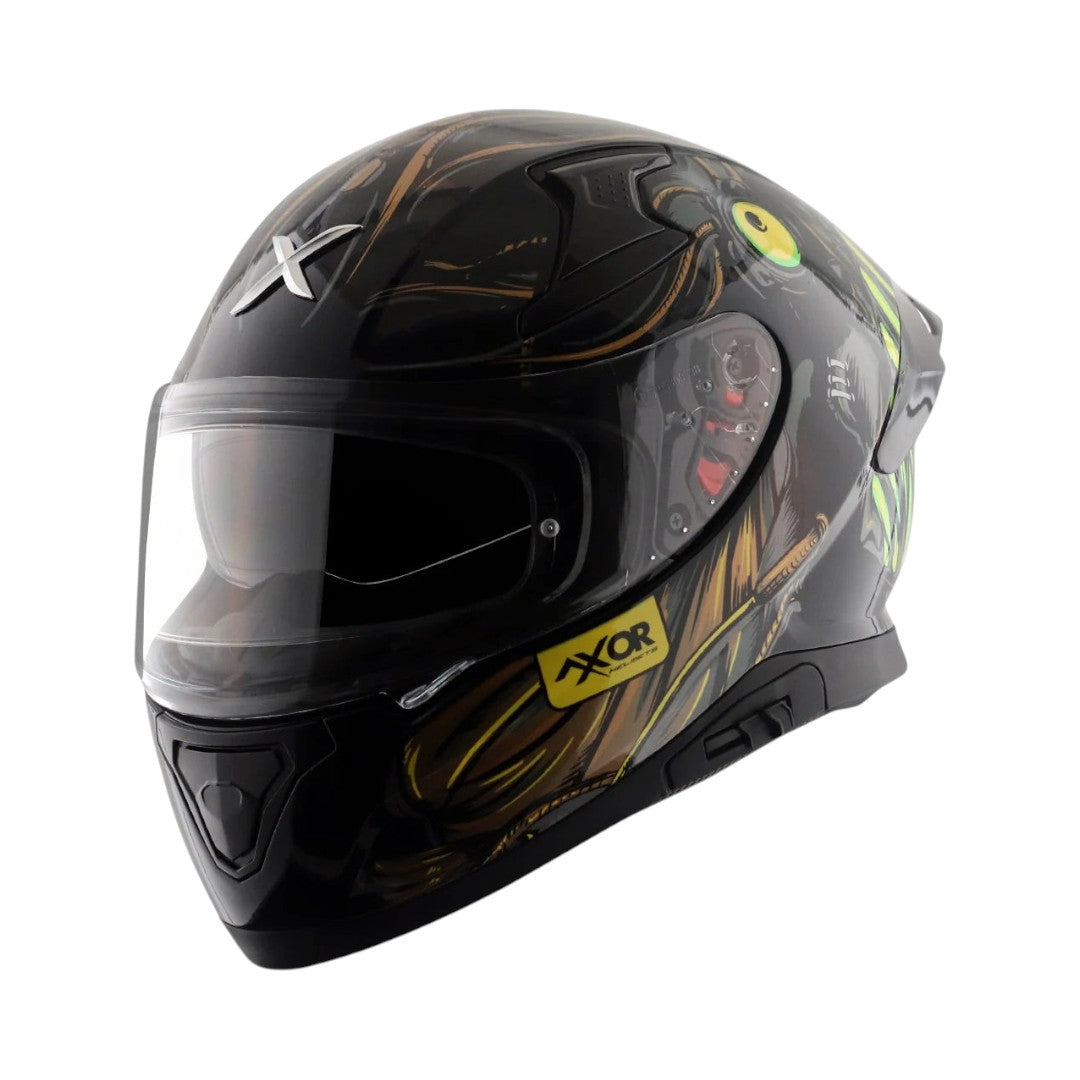 Motodrift Axor Apex Seadevil sport touring helmet in black with graphic details and clear visor