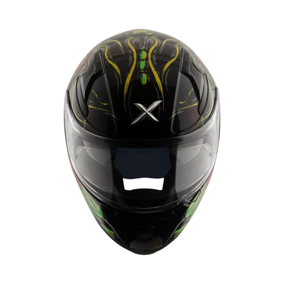 Motodrift Axor Apex Seadevil full-face sport touring helmet with black, green, and yellow graphic design